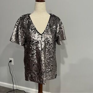 Anthropologie Vanessa‎ Virgina Silver Sequin Flutter Sleeve Blouse Small